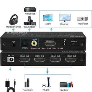 with US Plug,8K@60Hz 4X1 HDMI Switch with ARC Audio Extractor 4K@120Hz HDMI Switch 4 in 1 out with Optical Coaxial audio output for PC TV PS5 with US Plug,8K@60Hz 4X1 HDMI Switch with ARC Audio Extractor 4K@120Hz HDMI Switch 4 in 1 out with Optical Coaxial audio output for PC TV PS5