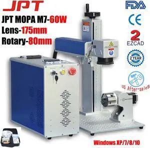 110V Fiber Laser Marking Machine MOPA JPT M7 60W Deep Engraving Cutting Color Marking on Stainless Steel & Anodized Aluminum Marking Black Marking Area 6.9" × 6.9"  with Rotary Axis 80mm USA Stock