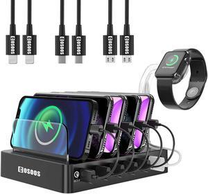 COSOOS Fastest Charging Station with QC 3.0, 63 W 6-Port USB Charging Station for Multiple Devices with 6 Mixed Short Cable & iWatch Stand, Multi Charger Station for Cell Phone, Tablet