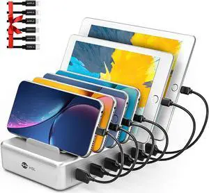 Charging Station for Multiple Devices - 6 Port Fast Charging Station for iPhone iPad Android and Tablet - Multi Charging Station - Phone Charging Station with 6 Mixed Cables Included(UL Certified)