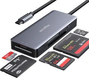 USB C SD Card Reader 5- in-1 Aluminum Thunderbolt 3 Memory Card Reader for CF SD/SDHC TF/Micro SD/MS/M2 CompactFlash Card for iPhone 15/16/Pro Max Android Windows MacBook