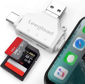LEEGLOAD SD Card Reader,4 in 1 Micro SD Card Reader for iPhone/iPad/Android/Mac/Trail Camera,Deer Cam Card Viewer with USB C & Lightning,No Need APP