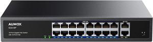 Aumox 18-Port Gigabit Network Unmanaged Switch, 16-Port POE with 2 Uplink Gigabit Ports, 250W Built-in Power, Metal Casing and 19-inch Rackmount, Traffic Optimization, Plug and Play(SG518P)