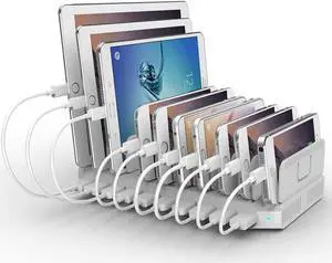 Alxum iPad Charging Station, 96W 10 Port USB Charging Station for Tablet and More Multi Devices Organizer with Detachable Dividers, White