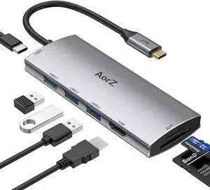 USB C Hub, USB Hub to HDMI Multiport AorZ USB C Dongle Adapter 7 in 1 with 4K HDMI Output,3 USB 3.0 Ports,SD/Micro SD Card Reader,100W PD,Compatible with MacBook Pro Air HP XPS and More Type C Devices