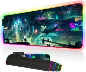 RGB Mousepad Large, Led Gaming Mouse Pad Oversized Glowing Mat Colorful Soft Mat for Mice Computer Keyboard with Non-Slip Rubber Base Water-Resistant (80x30 rgbgreencity)