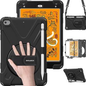 iPad Mini 5 Case,iPad Mini 4 Case, Heavy Duty Shockproof Protective Rugged Case with Pencil Holder,Hand Strap,Kickstand, Shoulder Strap for iPad Mini 5th/4th Generation 7.9 Inch for Kids-Black