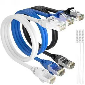 Adoreen Cat 6 Ethernet Cable 8 Ft-3 Pack,High Speed Short Patch Cables Network Cables, Soft Flexible Cat6 RJ45 LAN Internet Cable Cord Faster Than Cat 5e 5 Cable+15 Ties-Black+White+Blue