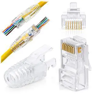 BUCIER RJ45 Cat6 Pass Through Connectors and Strain Relief Boots - Pack of 50/50 - EZ to Crimp Modular Plug for Solid or Stranded UTP Network Cable