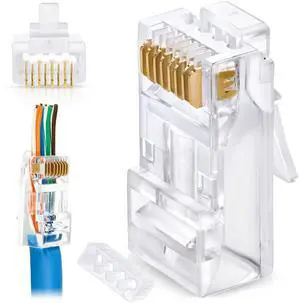 BUCIER RJ45 Cat6/6a Pass Through Connectors for a Thick 23 AWG Large Diameter UTP Network Cable, 200 Pcs | Insert Guides Included