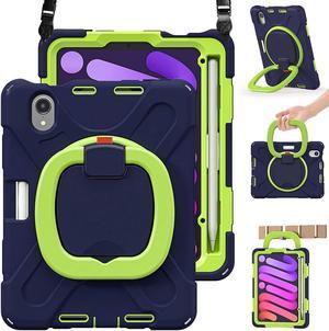 Case for New iPad Mini 6th Generation 2021 8.3 Inch, Protective Silicone Cover with Pencil Holder, Functional Handle Grip, Stable Kickstand Shoulder Strap for iPad Mini 6th Gen 2021, Navy+Green