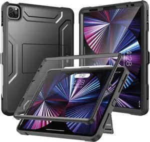 Soke Case for iPad Pro 11 Inch 2022/2021/2020/2018/iPad Air 5th/4th Generation,Built-in Screen Protector - Support 2nd Apple Pencil Charging - Heavy Duty Rugged Protective Kickstand Case - Black