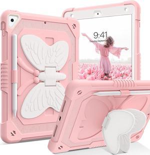 iPad 6th Generation Cases,iPad 9.7 Inch 6th/5th Generation 2018/2017 /iPad Air 2nd/ Pro 9.7 Case with Pencil Holder Butterfly Kickstand Girls Kids Heavy Duty Shockproof Protective Cover, Pink