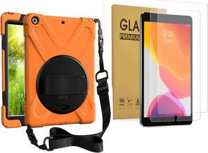 Bundle-iPad 8th/7th Generation 10.2 Case with Tempered Glass Screen Protector Kickstand Hand Strap and Shoulder Strap, Orange