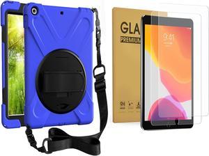 Bundle-iPad 8th/7th Generation 10.2 Case with Tempered Glass Screen Protector Kickstand Hand Strap and Shoulder Strap, Bue