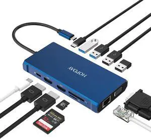 Laptop Docking Station HOPDAY 12 in 1 Triple Display Thunderbolt 3 USB C Hub Dual HDMI Multiport Adapter with VGA+Ethernet+100W PD + USB-C+4 USB+SD/TF Dock for /HP/Lenovo/MacBook Pro Blue
