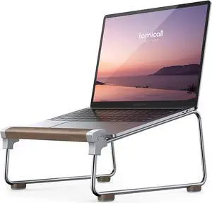 Laptop Stand Desk Walnut Wood Laptop Riser Portable Removable Aluminum Ventilated Ergonomic Computer Notebook Stand Holder Elevator for MacBook Air Pro  XPS HP (10-16) - Silver
