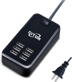 Multiport USB Charger, 6 Port USB Charging Station for Multiple Devices, Phone, Tablet, Power Strip with ON/Off Switch (Black)