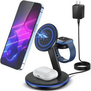 Magnetic Wireless Charging Station for Apple Series, 3-in-1 15W Fast Mag-Safe Charger Stand with QC3.0 Adapter, for iPhone 15, 14,13,12 Pro Max/Pro/Mini/Plus, iWatch Ultra/9/8/7/6/5/4/3/2, AirPods