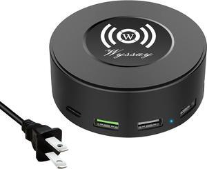 75W 6-Port USB Charger Desktop Charging Station(Type-C, Quick Charge 3.0 and 4 USB Ports) with Wireless Charger,Multi USB Charger Hub for Smartphone and More Black