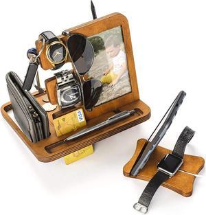 Wooden Phone Docking Station - Nightstand Organizer for Men - Phone Tablet Watch Holder - Wallet Watch Stand - Anniversary for Men's Fathers Gifts for Him for Husband from Wife - Present for Dad