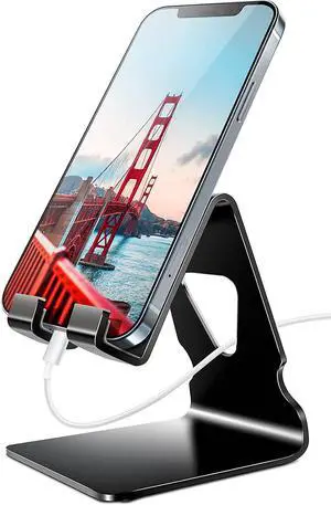 Cell Phone Stand, Phone Dock, Cradle, Holder, Aluminum Desktop Cellphone Stand with Cable Collective for Office Desk, Bedside Table Compatible with iPhone 14 13 Pro Max-Black