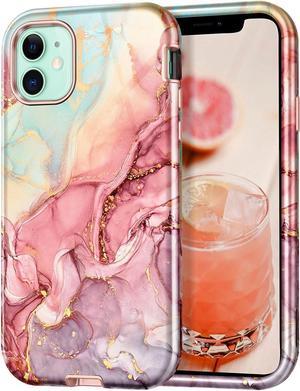 CASEFIV Compatible with iPhone 11 Case,Marble Pattern 3 in 1 Heavy Duty Shockproof Full Body Rugged Hard PC+Soft Silicone Drop Protective Women Girls Cover for iPhone 11 6.1 inch, Rose Gold