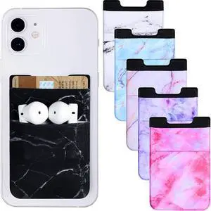 Weewooday 6 Pieces Phone Card Pocket Holder Stretchy Spandex Wallet Pocket Marble Pattern Double Pouch Credit Card ID Case Pouch Sleeve Adhesive Sticker Phone Wallet for Most Smartphones