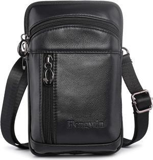 Hengwin Small Leather Crossbody Shoulder Bag Men Belt Clip Phone Holster Case Belt Loop Pouch Waist Bag Pack Fit for iPhone 15 14 13 Pro Max 8 7 6 Plus Galaxy Note 9 8 S24/S23 Ultra S9/S8 Plus (Black)