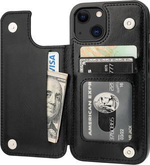 Compatible with iPhone 13 Wallet Case with Card Holder, PU Leather Kickstand Card Slots Case, Double Magnetic Clasp Durable Shockproof Cover 6.1 Inch(Black)
