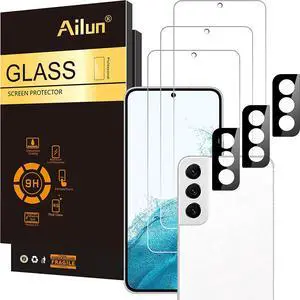 Tempered Glass Screen Protector for Galaxy S22 - 3 Pack Screen Protectors + 3 Pack Camera Lens Protectors - Fingerprint Unlock Compatible Clear Case Friendly