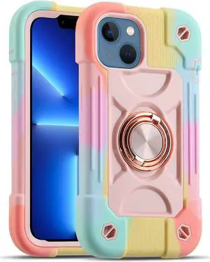 Compatible with iPhone 14 Case/iPhone 13 Case 6.1 Inch with Built-in 360°Rotating Ring Stand Military Grade Drop Protection Full Body Rugged Heavy Duty Protective Cover. (Rainbow Pink)