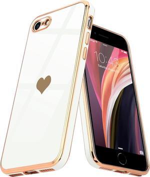 Teageo for iPhone SE 2022, SE 2020, iPhone 7 Case, iPhone 8 Case Phone Case for Women Girl Cute Love-Heart Luxury Bling Plating Soft Back Cover Camera Protection Bumper Silicone Shockproof Case, White