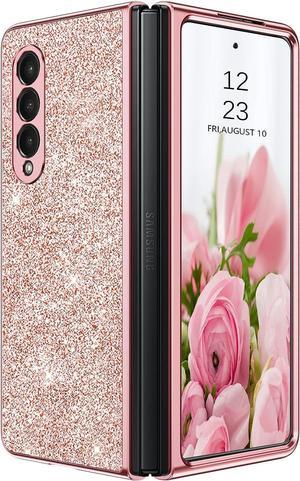 Designed for Samsung Galaxy Z Fold 3 5G Case, Galaxy Z Fold3 Case Glitter Bling Sparkle Women Girls Slim Thin Shockproof Protective Phone Cases Cover 6.2 Inch 2021, Rose Gold/Pink