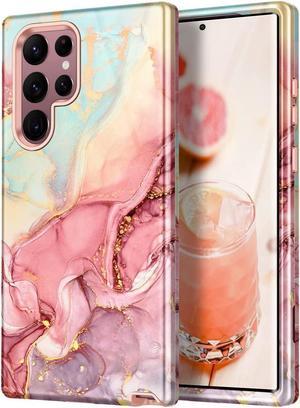 Btscase Case for Samsung Galaxy S22 Ultra 5G , Marble Pattern 3 in 1 Heavy Duty Shockproof Full Body Rugged Hard PC+Soft Silicone Drop Protective Women Girl Covers , Rose Gold