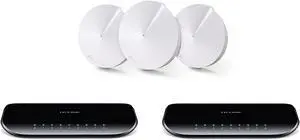 TP-Link Deco M5 Whole Home Mesh WiFi System 3-Pack and 2 TP-Link 8-Port Gigabit Desktop Switches (TL-SG1008D)