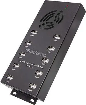 Premium Design USB 2.0 Hub - Multi-Safety Protection 10-Port Powered USB Hub 2.0 with AC Adapter - USB Splitter with Cooling Fan and Mounting Brackets - Aluminum Charging Hub for Multiple Devices