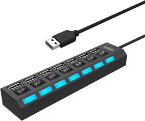 Multi Port USB Splitter, 7 in 1 USB Port 2.0 Hub with High Speed Individual ON/Off Switches and LEDs USB Port Expander (7-Port USB)