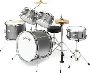 Ashthorpe 5-Piece Complete Junior Drum Set with Genuine Brass Cymbals - Advanced Beginner Kit with 16" Bass, Adjustable Throne, Cymbals, Hi-Hats, Pedals & Drumsticks - Silver