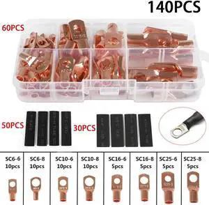 140pcs Battery Bare Copper Ring Lug Terminals Connector Wire Gauge SC6-25 Kit US