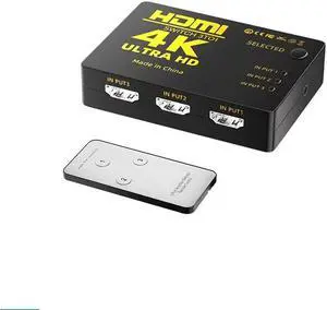 HDMI switch with three inputs and one output for audio and video, laptop projector, TV screen, 4K high-definition, and HDMI cable