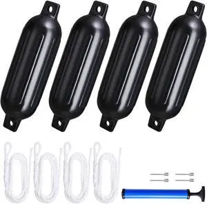 4pcs Ribbed Boat Fender 6.5"x23" Bumper Dock Shield Protection Black w/ Lines Pump