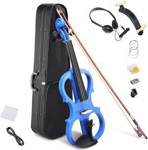 4/4 Electric Violin Full Size Wood Silent Fiddle Bow Headphone Case Blue
