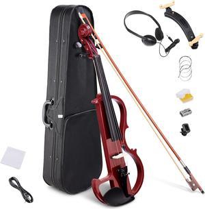 4/4 Electric Violin Full Size Wood Silent Fiddle Fittings Headphone Jujube Red
