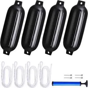 4pcs Ribbed Boat Fender 8"x27" Bumper Dock Shield Protection Black w/ Lines Pump