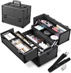 AW Pro Lockable Aluminum Makeup Case Cosmetic Storage Box w/ Tiers Jewelry Bag Black