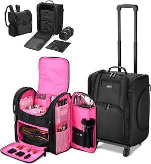 Byootique Rolling Makeup Train Case & Backpack Kit w/ 7 Toiletry Bags Travel