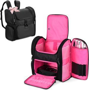 Byootique Soft Sided Makeup Backpack Portable Travel Barber Cosmetic Storage Organizer Travel with Heat Isolation Side Pocket Removable Pouch for Makeup Artist Hairstylist, Pink