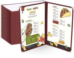 WeChef 30 Packs Restaurant Menu Covers 8.5 x 14 Double Fold 2 Pages 4 Views Burgundy