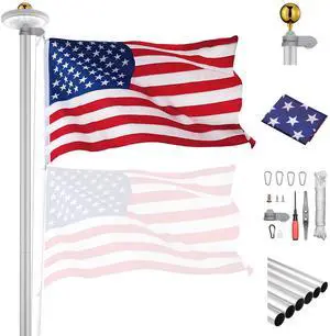 Yescom Bravery 20ft 13 Gauge Sectional Flag Pole Kit with Solar Light & US Flag Yard Residential Commercial